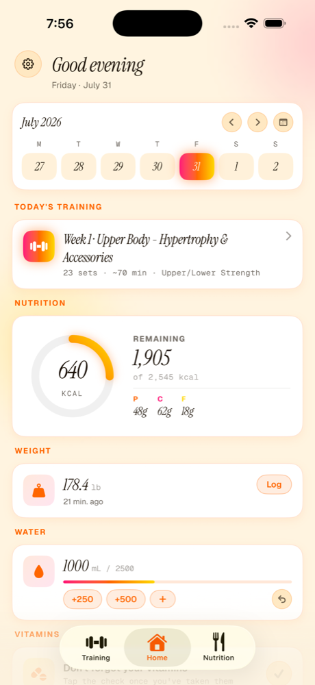 Wareform home screen showing today's training, calories remaining, weight, water, and vitamins.