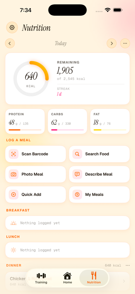 The nutrition screen: calories remaining, macro rings, and six ways to log a meal.