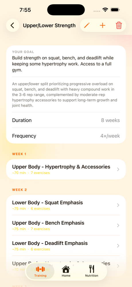 A generated lifting plan showing an eight-week block with four sessions in week one.